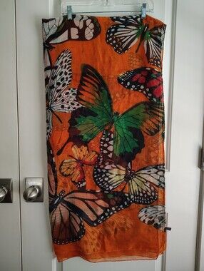 Bright Orange Butterfly Wrap/ Scarf Lightweight Shawl 38" x 76"